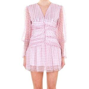 Checking Out in Pink Long Sleeve V-Neck Ruched Gingham Mini Dress Beulah  Size L
